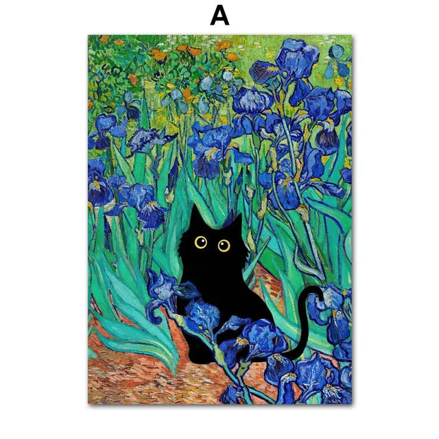A vibrant painting featuring blue and green foliage with a black cat in the foreground.