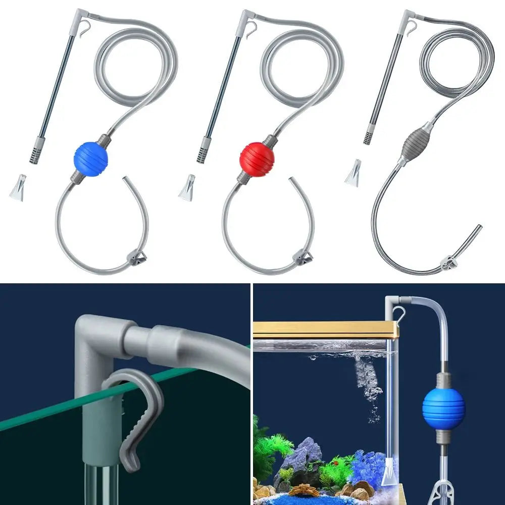 A set of manual aquarium water change siphon pumps with flexible hoses and connectors.