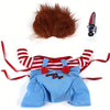 A blue dog costume with a wig is displayed, featuring a red and white striped shirt and red ribbons.