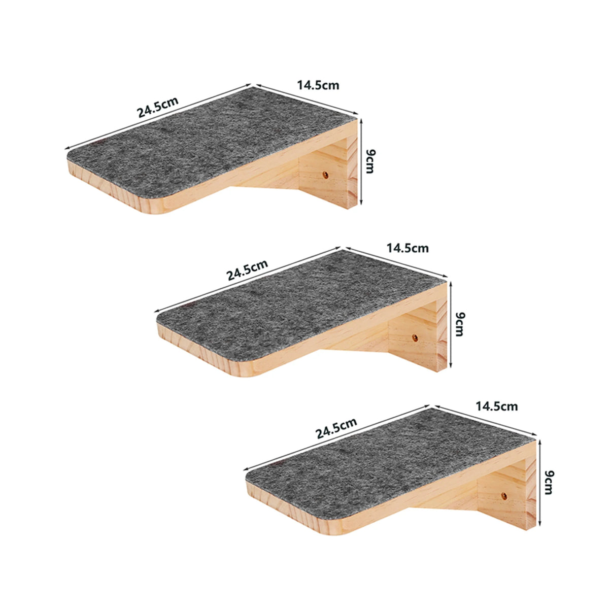 A wooden wall-mounted cat climbing tower with a gray felt surface, shown from the side.