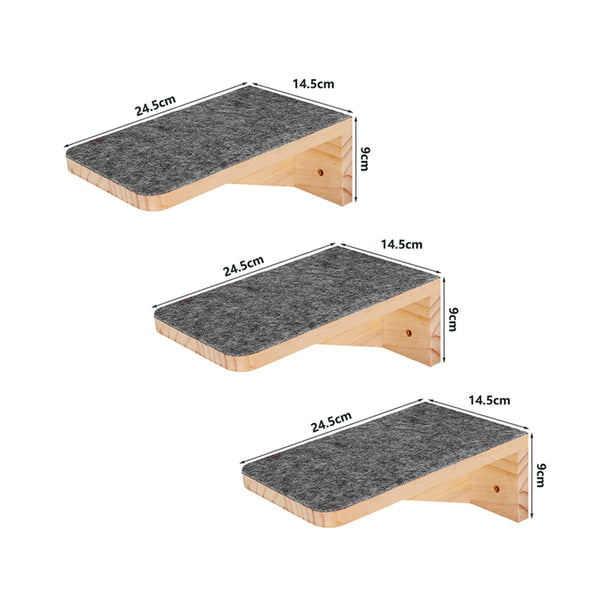 A wooden wall-mounted cat climbing tower with a gray felt surface, shown from the side.