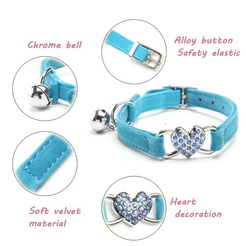 Heart-Shaped Velvet Cat Collar with Bell