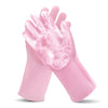 Pair of pink silicone pet bathing gloves with dual-sided grooming teeth