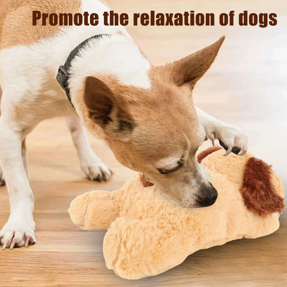 A dog is resting its nose on a tan stuffed animal for relaxation.