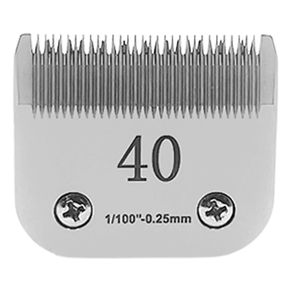 A close-up view of a silver dog grooming clipper blade with a 40 tooth comb and a size marking of 1/100"-0.25mm.