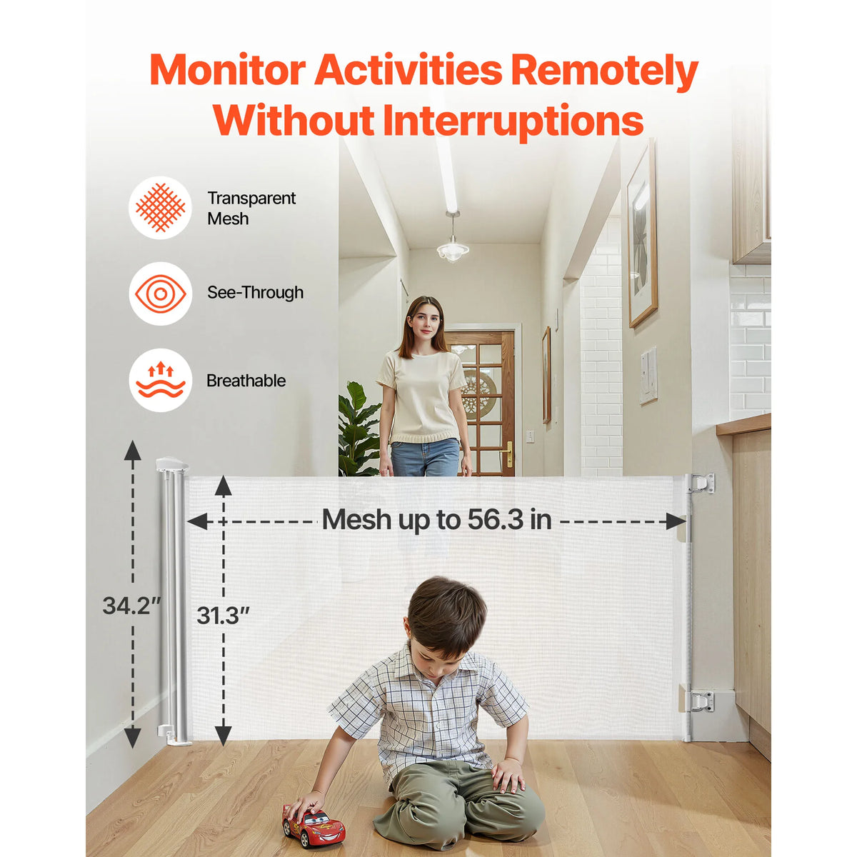 A boy is using a transparent mesh safety gate to monitor his activities remotely.