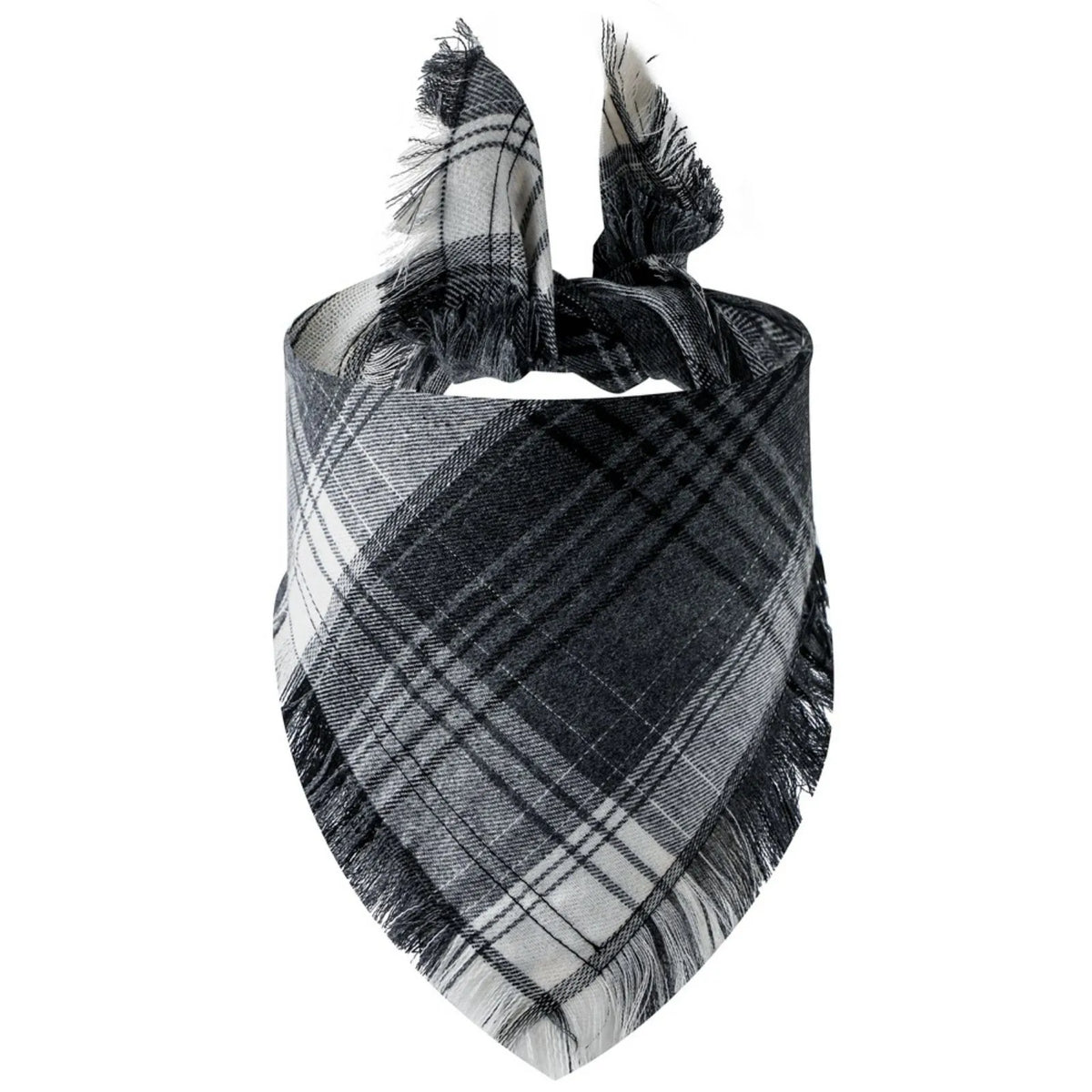 A black and gray plaid bandana with tassels, folded and displayed.
