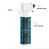 A white submersible aquarium filter pump with suction cups and a filter sponge is shown.