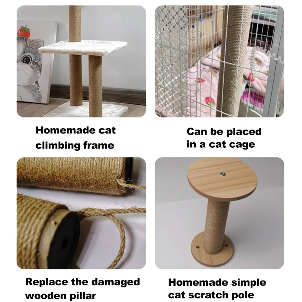 Replacement sisal scratch poles for cat trees and climbing frames, showing a wooden pillar replacement.