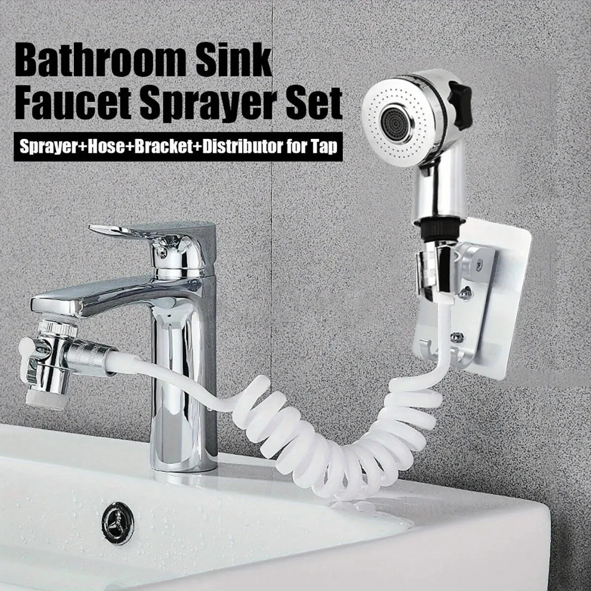 Pommeau de robinet de lavabo avec tête, tuyau et support installé sur un évier blanc.
