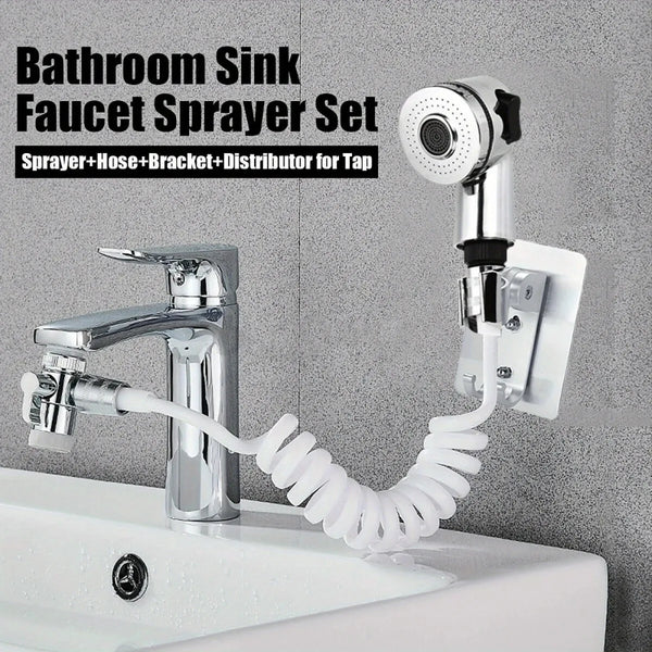A bathroom sink faucet sprayer set with a spray head, hose, and bracket installed on a white sink.
