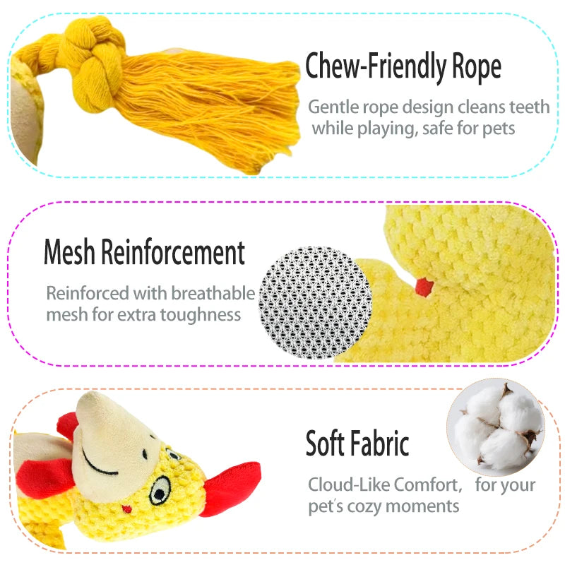 Yellow plush rope toy for pets featuring chew-friendly rope design, mesh reinforcement, and soft fabric.