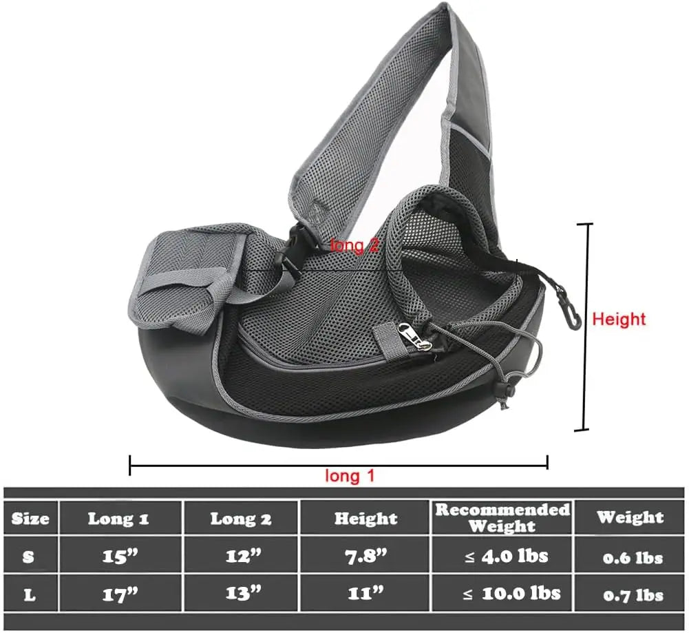 A black hands-free pet sling carrier for small dogs and cats shown with size and weight specifications.