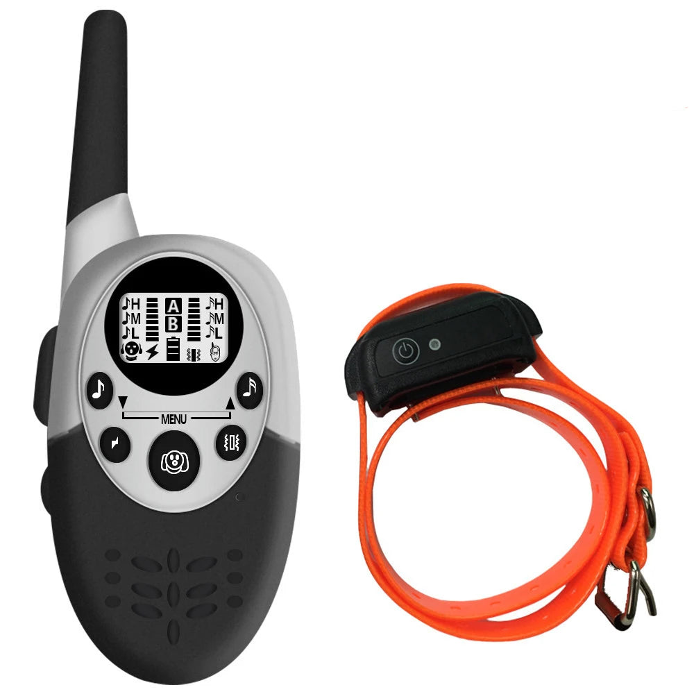 A black and white long-range dog training collar with an orange remote control strap.