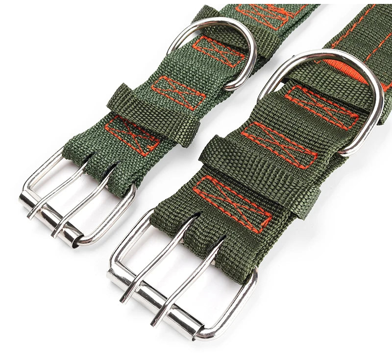 A heavy duty tactical dog collar made of green nylon webbing with metal buckles.