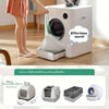 A white, modern cat litter box is shown with a bag of litter inside and an effortlessness label.