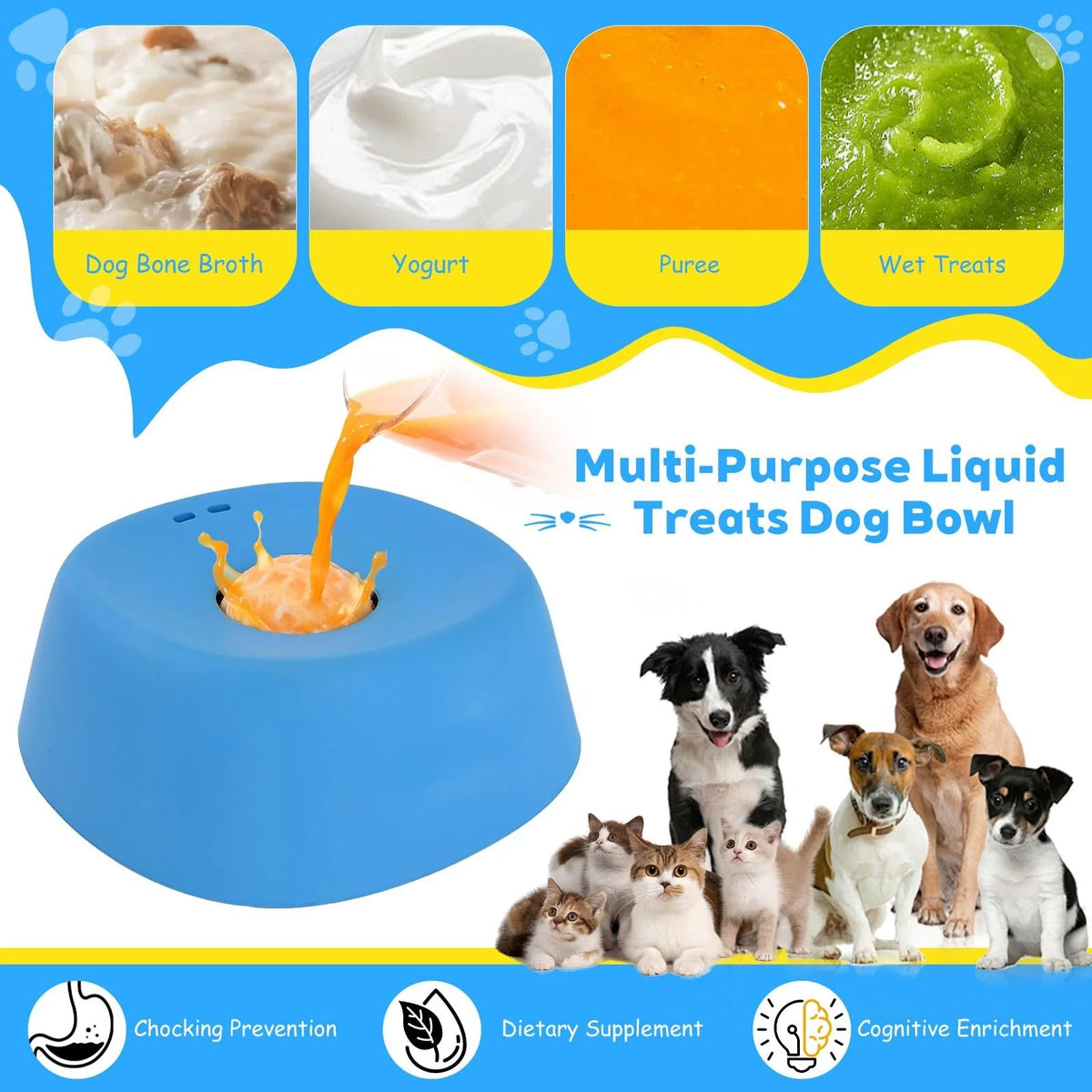 Blue multi-purpose liquid treats dog bowl with various food options like broth yogurt puree and wet treats