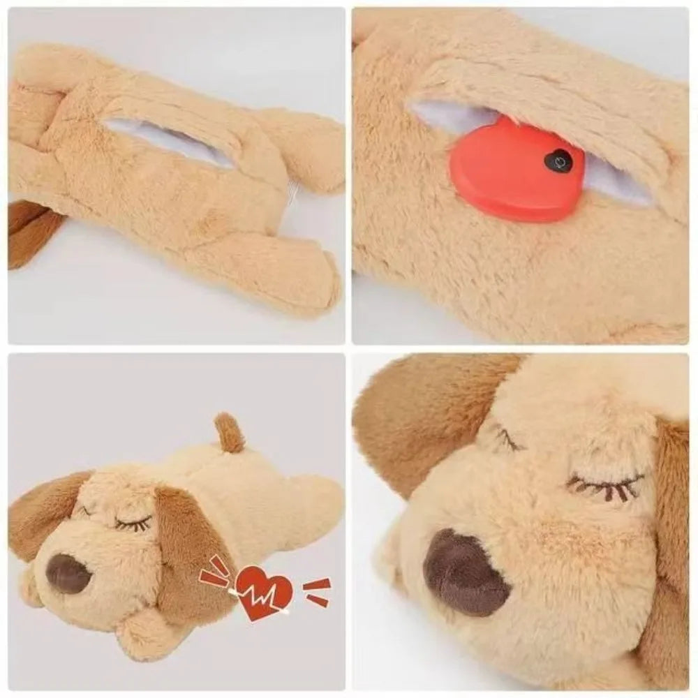 Nahaufnahme eines weichen, braunen, hundförmigen Fidget-Spielzeugs mit orangefarbener Herzverzierung.