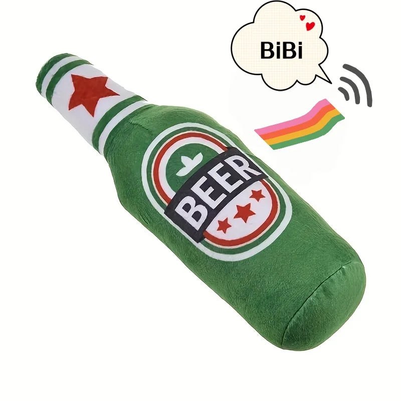 A green beer bottle shaped squeaky dog toy with a red star design and a rainbow element.
