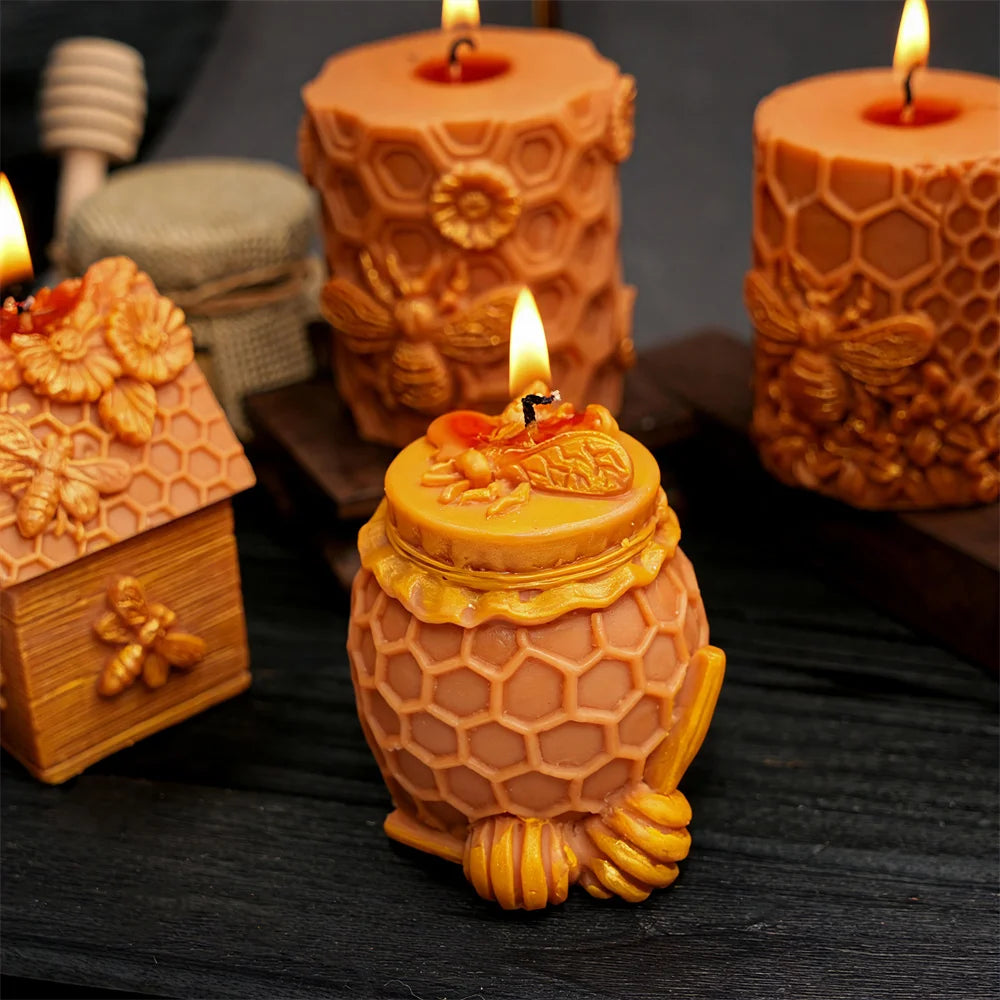 Honeycomb silicone mold for candles and crafts featuring orange-colored wax in various shapes