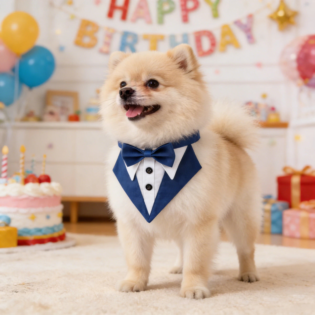 A fluffy light-colored dog wearing a blue tuxedo bandana with a white bowtie, standing indoors.
