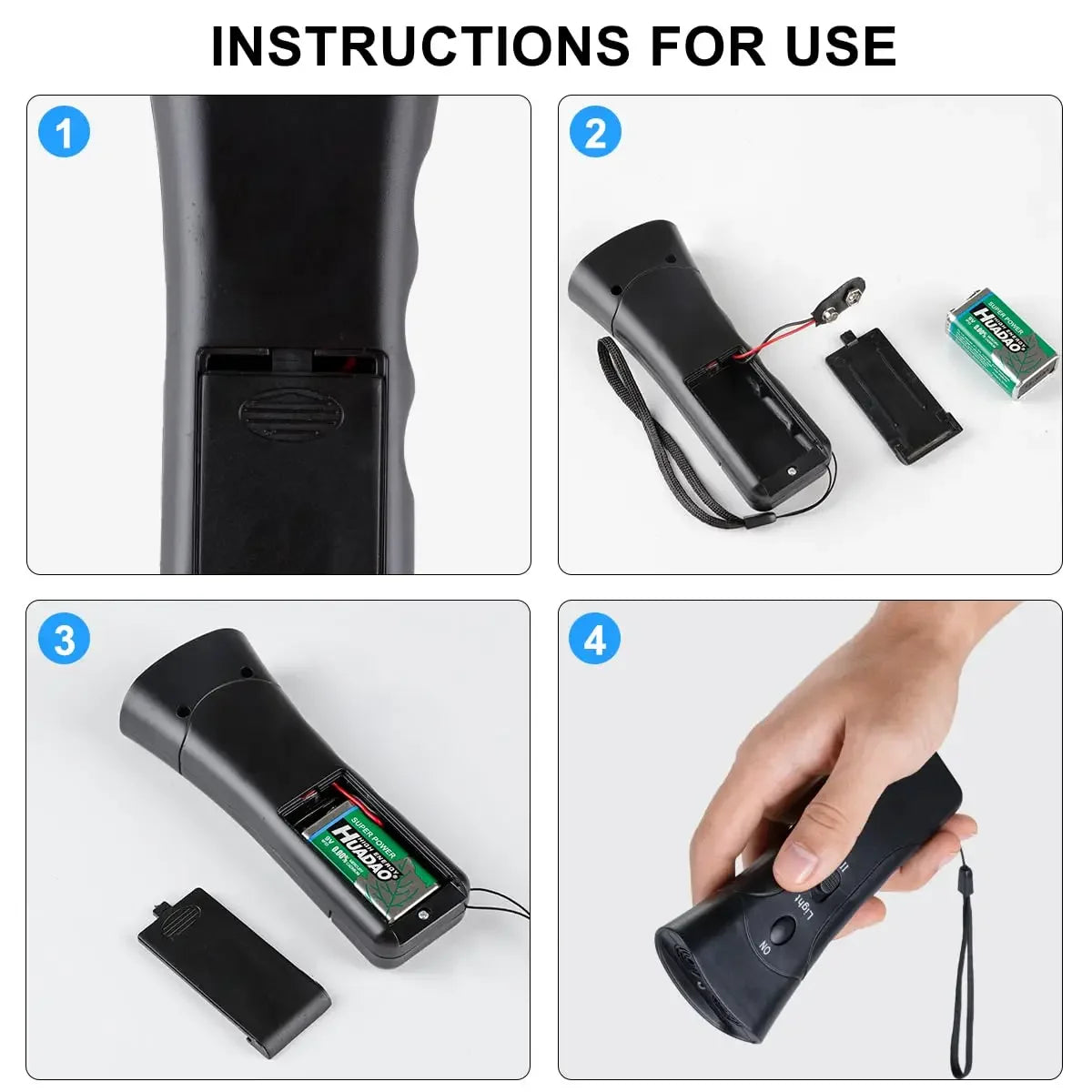 Instructions for use showing steps to operate an ultrasonic dog training device