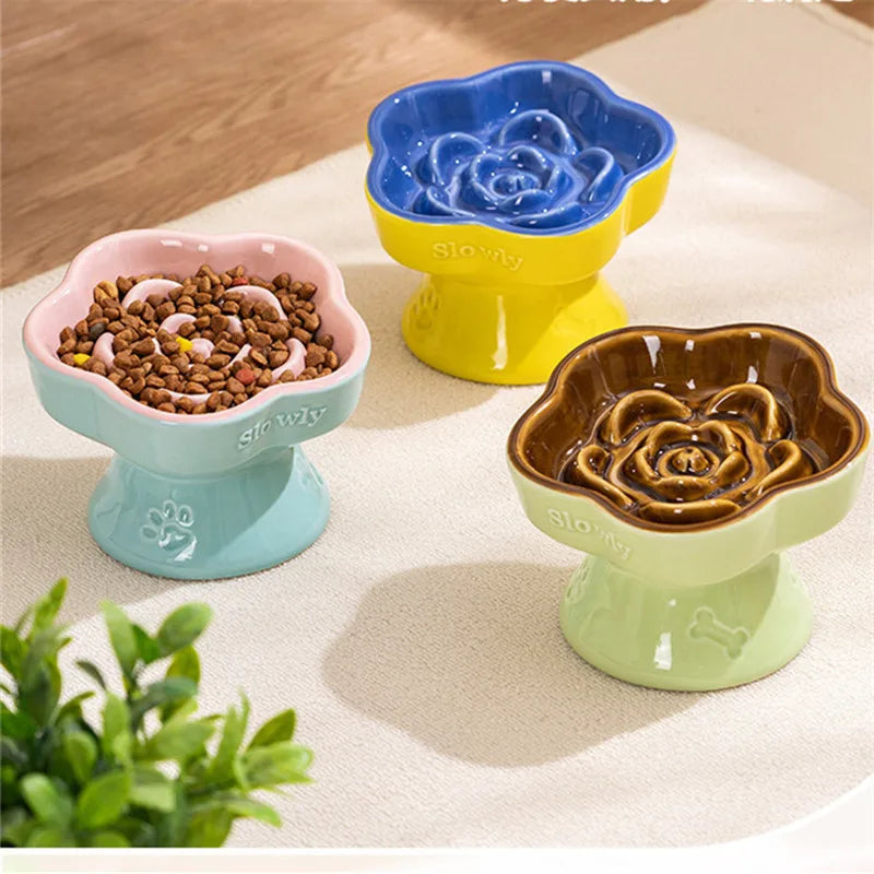 Elevated Ceramic Slow Feeder Bowl for Cats and Small Dogs