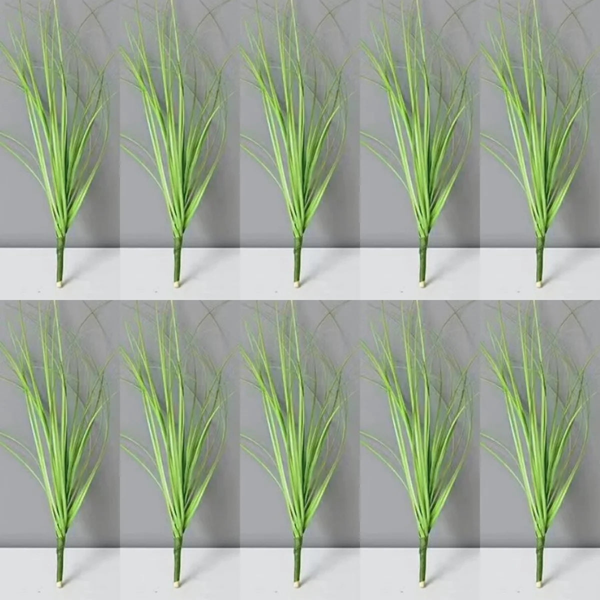 A set of green simulated onion grass garden decorations shown in various close-up views.