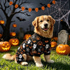 A golden retriever wearing black and orange Halloween-themed pajamas sitting in a spooky outdoor setting with pumpkins and a 