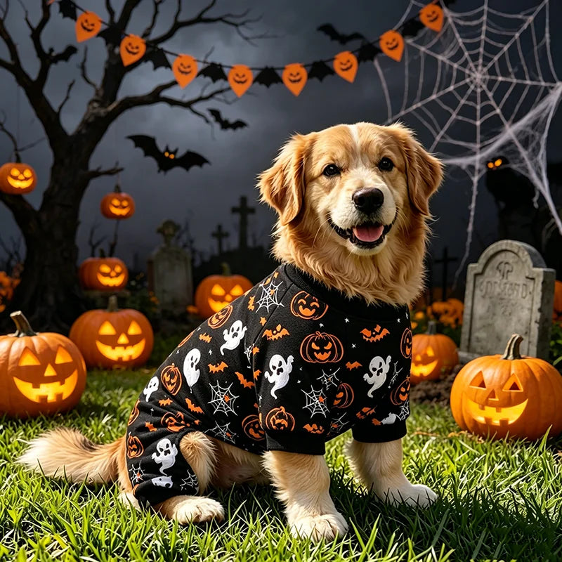 A golden retriever wearing black and orange Halloween-themed pajamas sitting in a spooky outdoor setting with pumpkins and a 