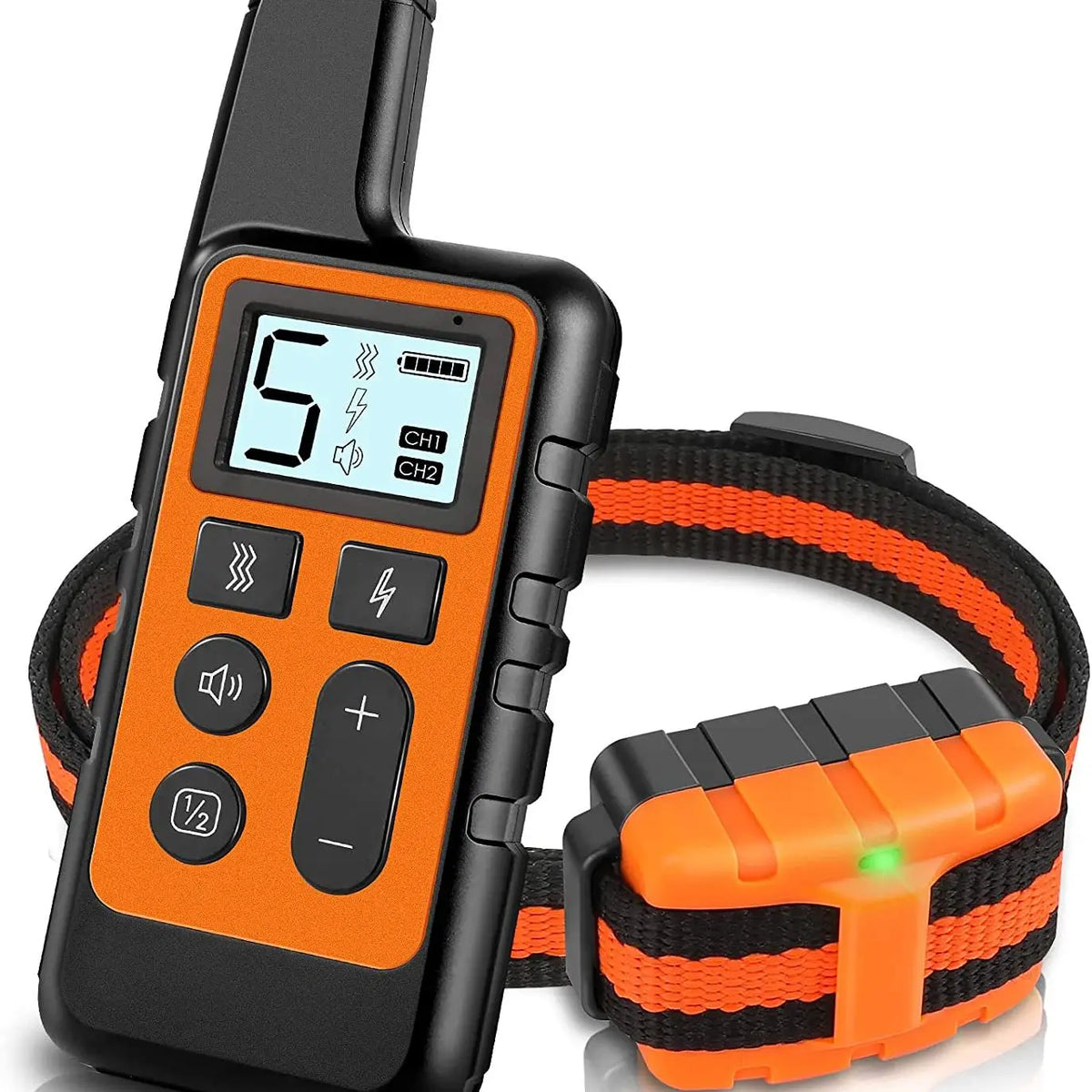 Collier d'entraînement électrique noir pour chien avec sangle orange et affichage numérique CH1 ou CH2.