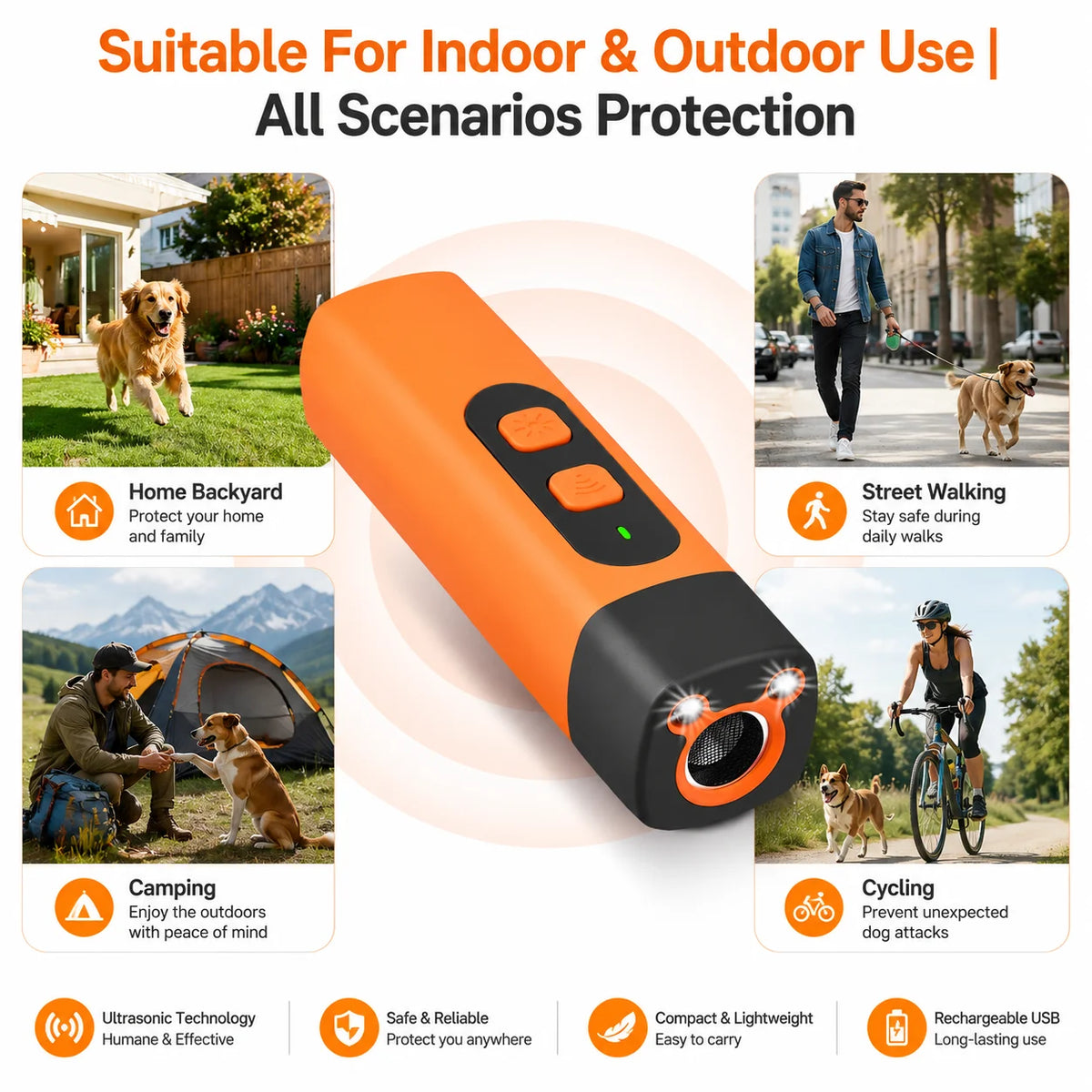 Rechargeable Ultrasonic Dog Deterrent with LED Flashlight