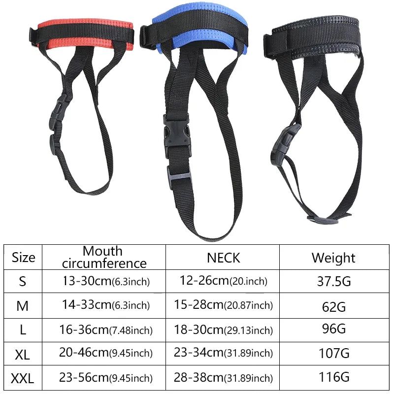 A set of black and blue adjustable dog muzzles for training and walks, shown with size specifications.