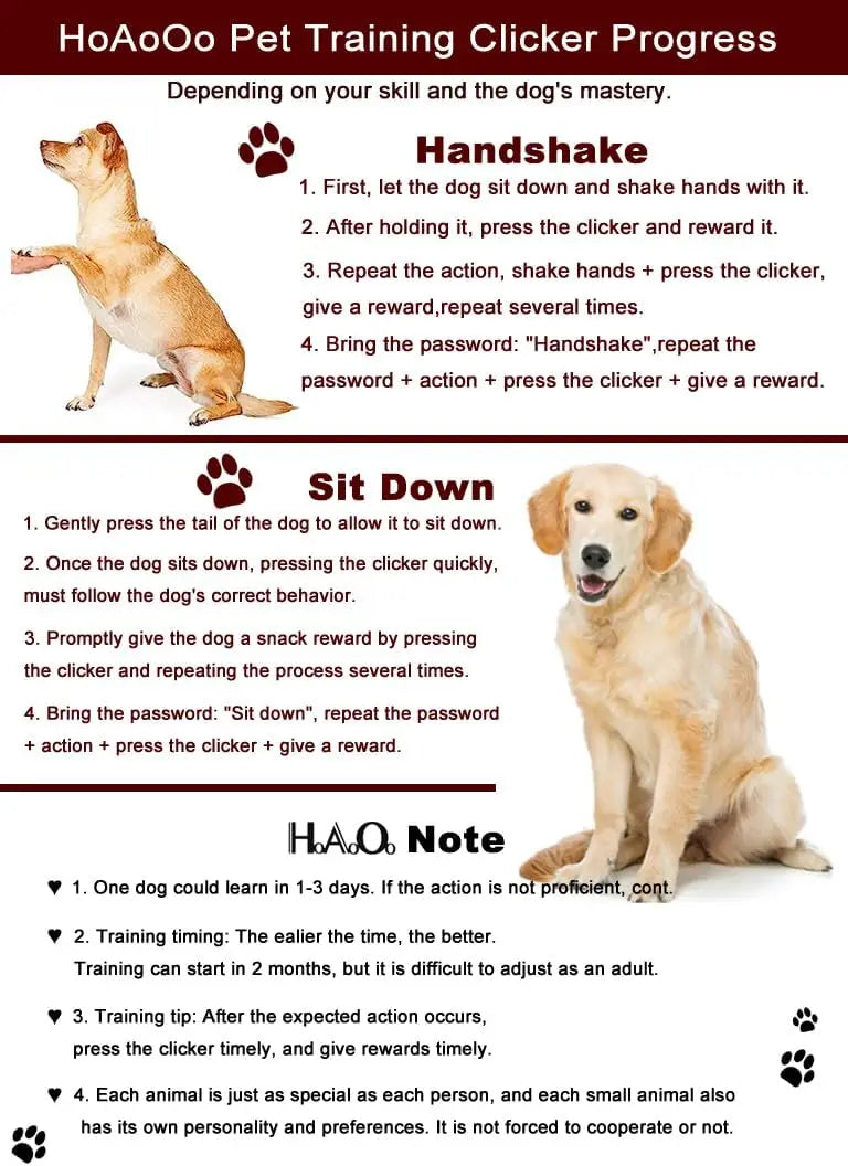 A guide showing the progress of a dog's training using a clicker, including Handshake and Sit Down techniques.