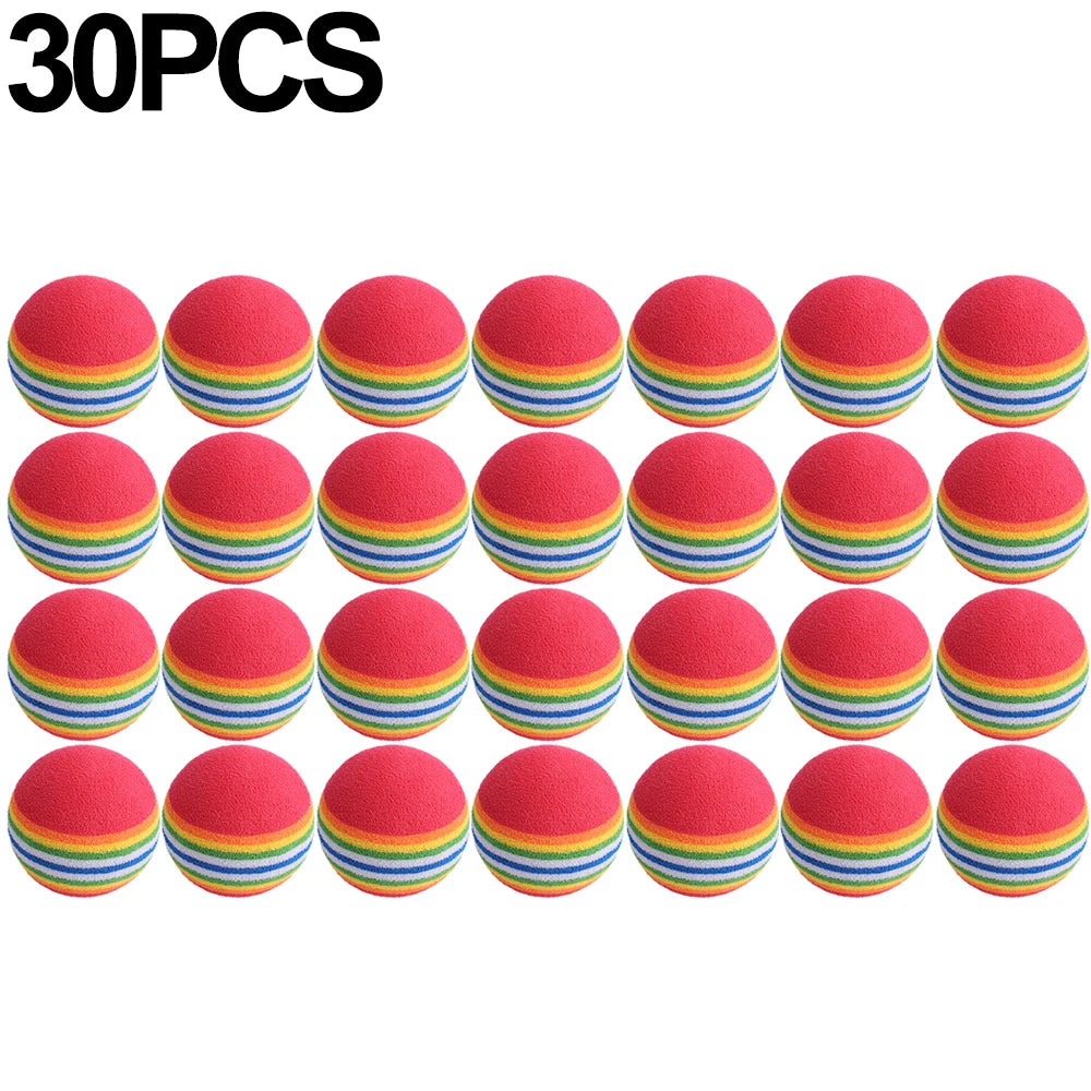 Thirty colorful rainbow EVA rattle balls arranged in a grid.