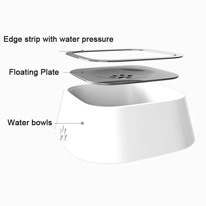 Bol flottant blanc pour animal avec bord et bols d'eau visibles.