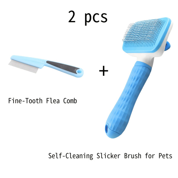 A set of two blue self-cleaning slicker brushes and a fine-tooth flea comb for pets.