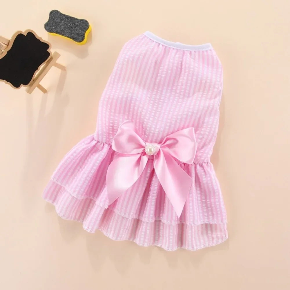 Striped Bow Pet Dress with Elastic Waistband
