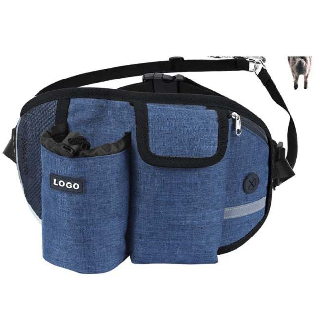 A navy blue hands-free dog walking belt with a treat pouch and bungee leash.