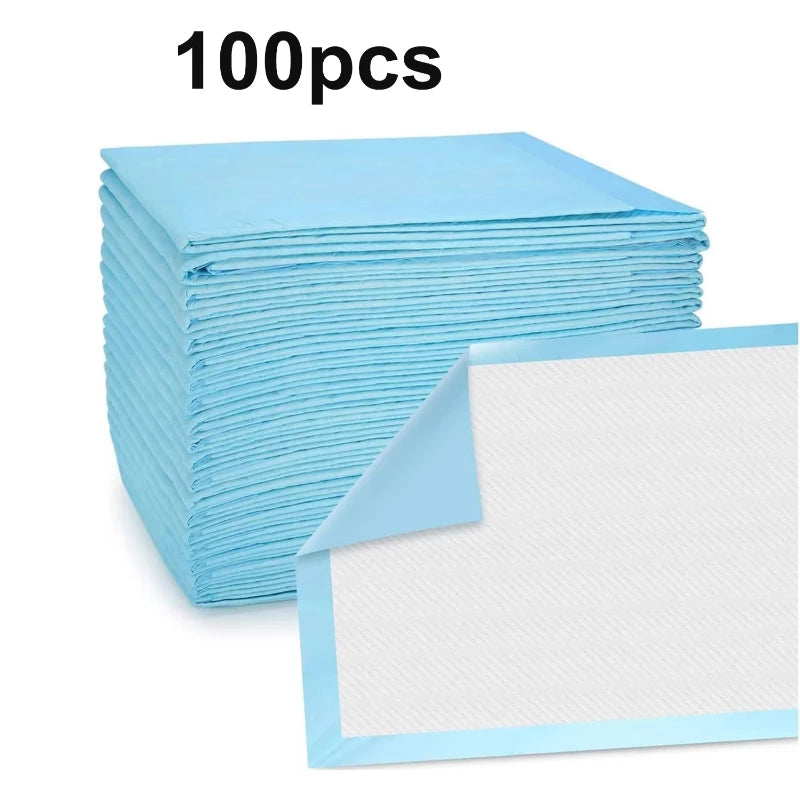A stack of 100 blue high-absorbency disposable adult and pet pads, with one pad displayed separately.