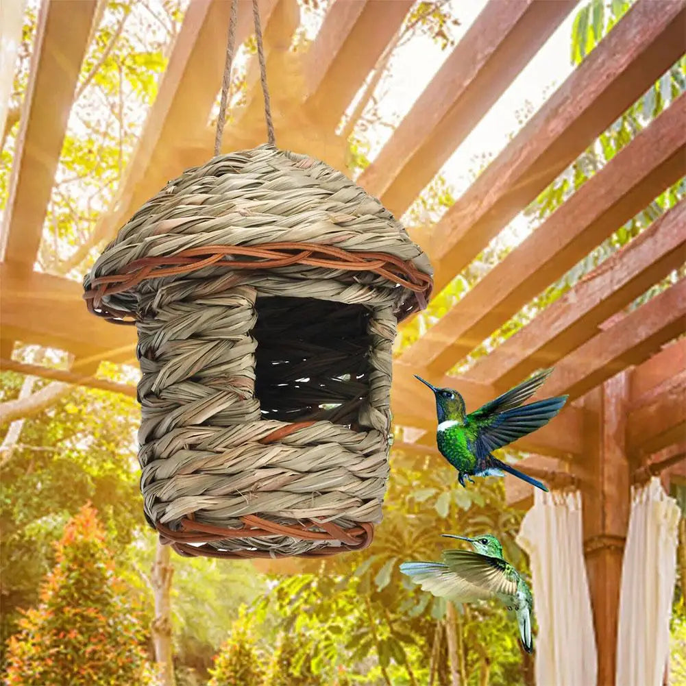 Handwoven straw bird nest hanging in a sunlit, tropical outdoor setting.