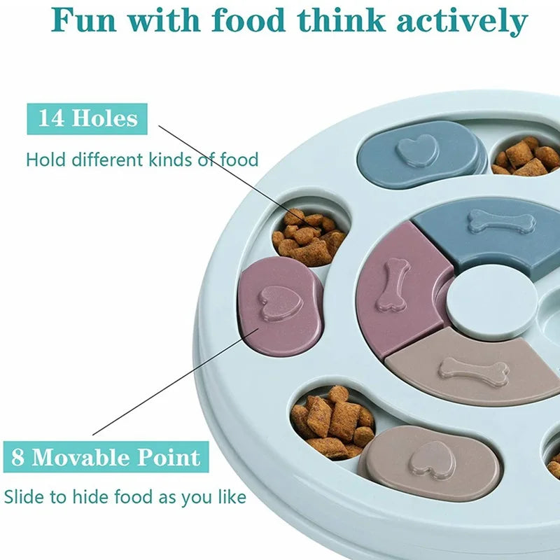 A light blue pet bowl with 14 holes and 8 movable points for holding different kinds of food.