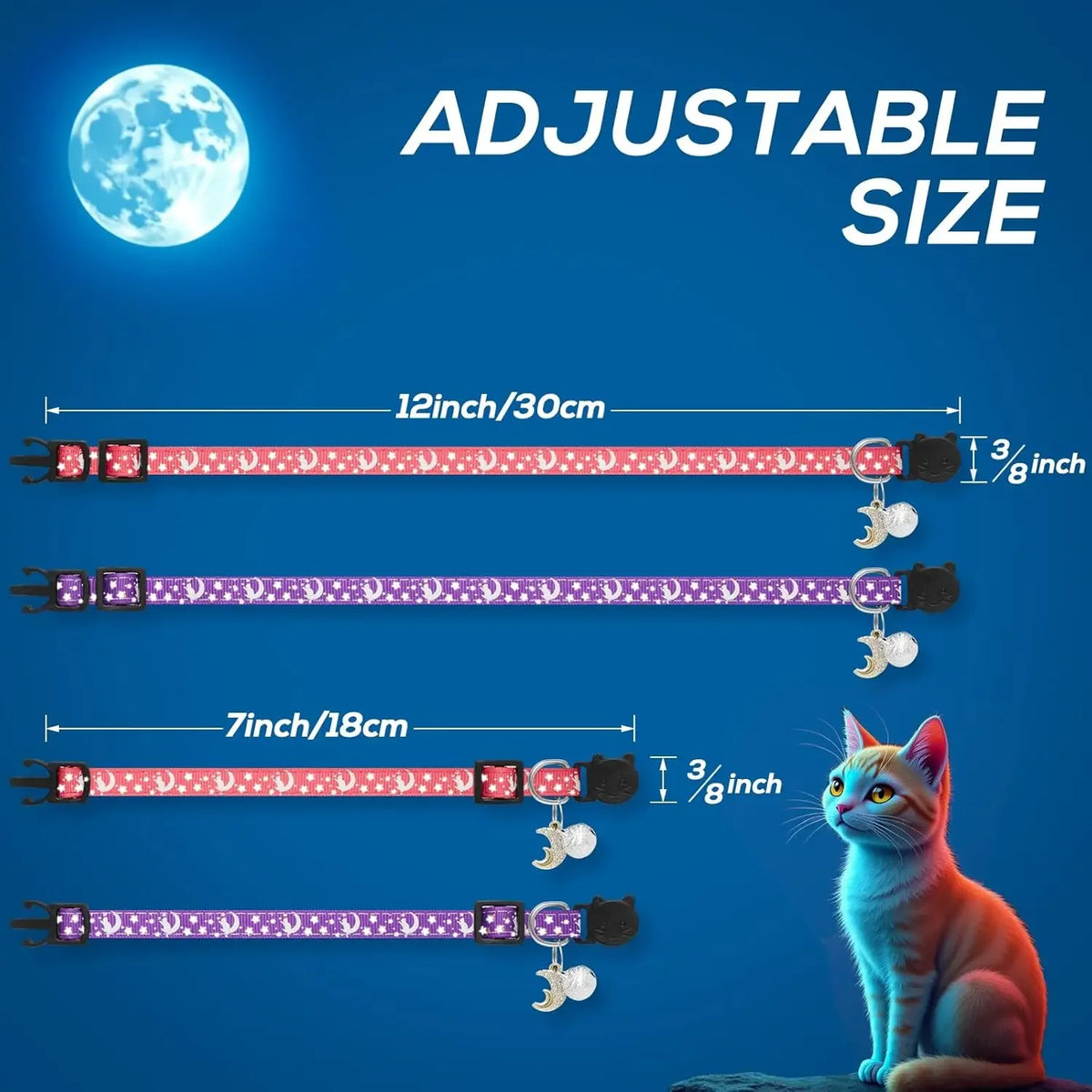 Adjustable glow-in-the-dark breakaway cat collar with moon pendant and bell shown next to a cat.