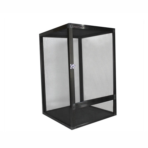 A black reptile terrarium with a front opening mesh door.