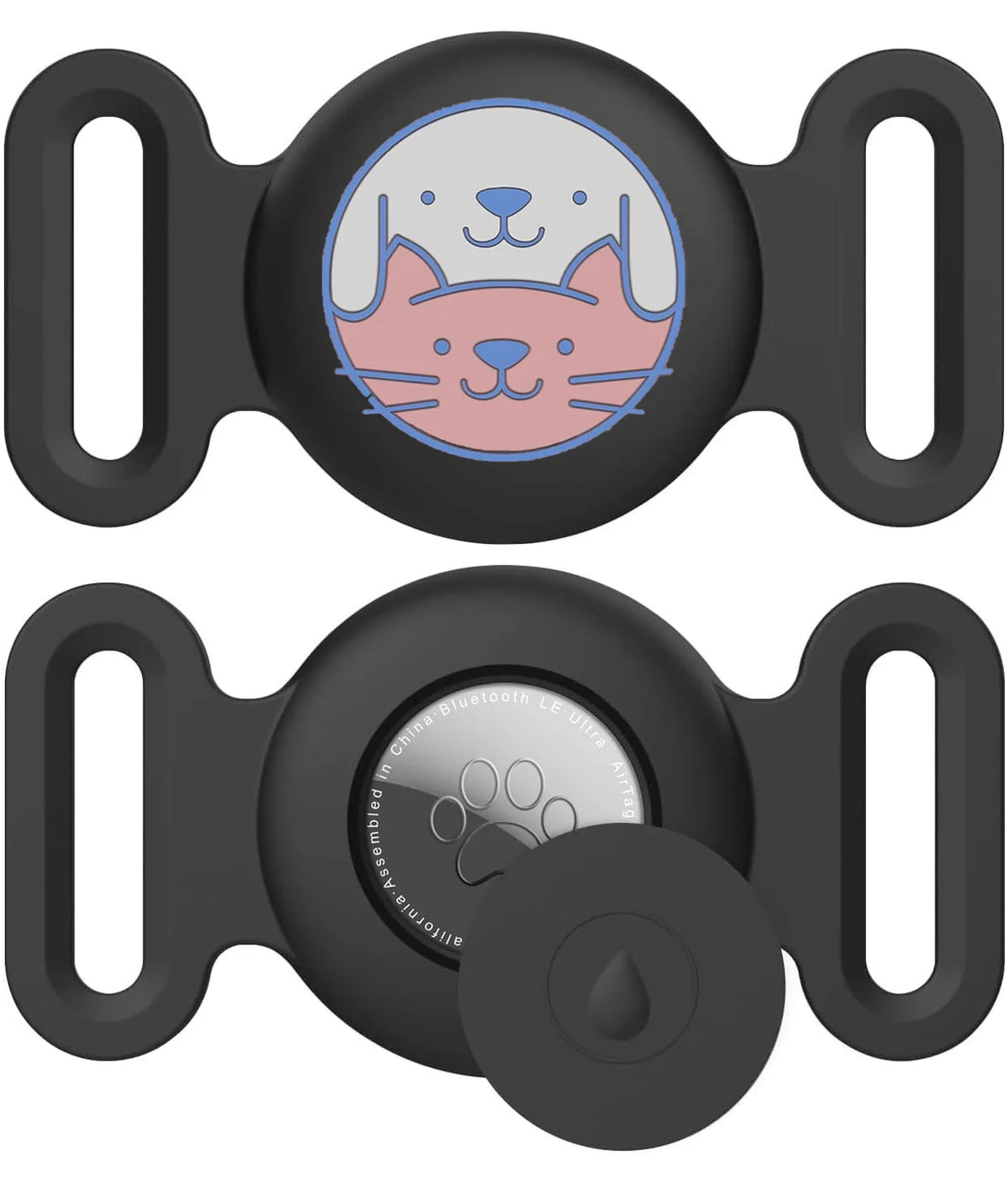 Schwarzer Silikon-AirTag-Halter mit Katzengesicht-Design, zum Befestigen an Tierhalsbänder.
