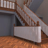 A wooden staircase with a white mesh safety barrier and railing in a modern interior.