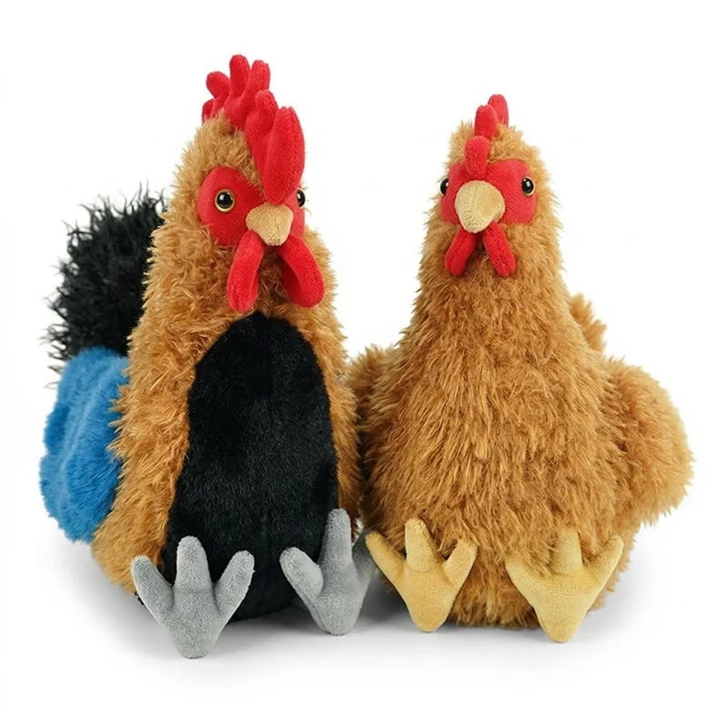 A lifelike plush set of a rooster and hen with brown, black, and blue feathers.