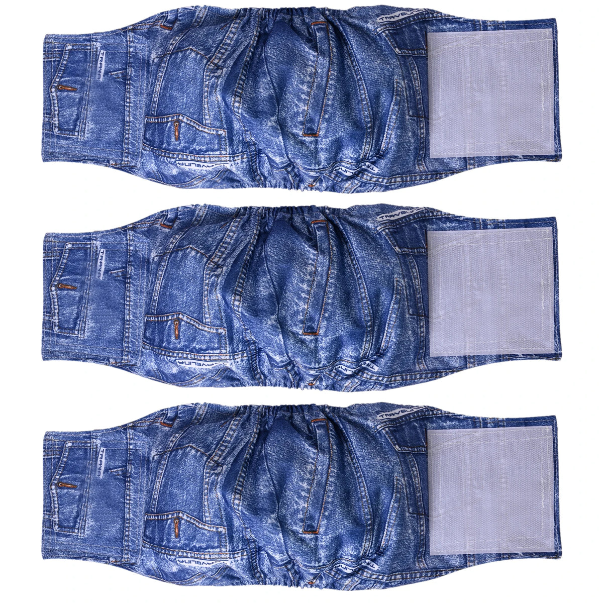 Three pairs of blue denim washable dog belly bands for male dogs