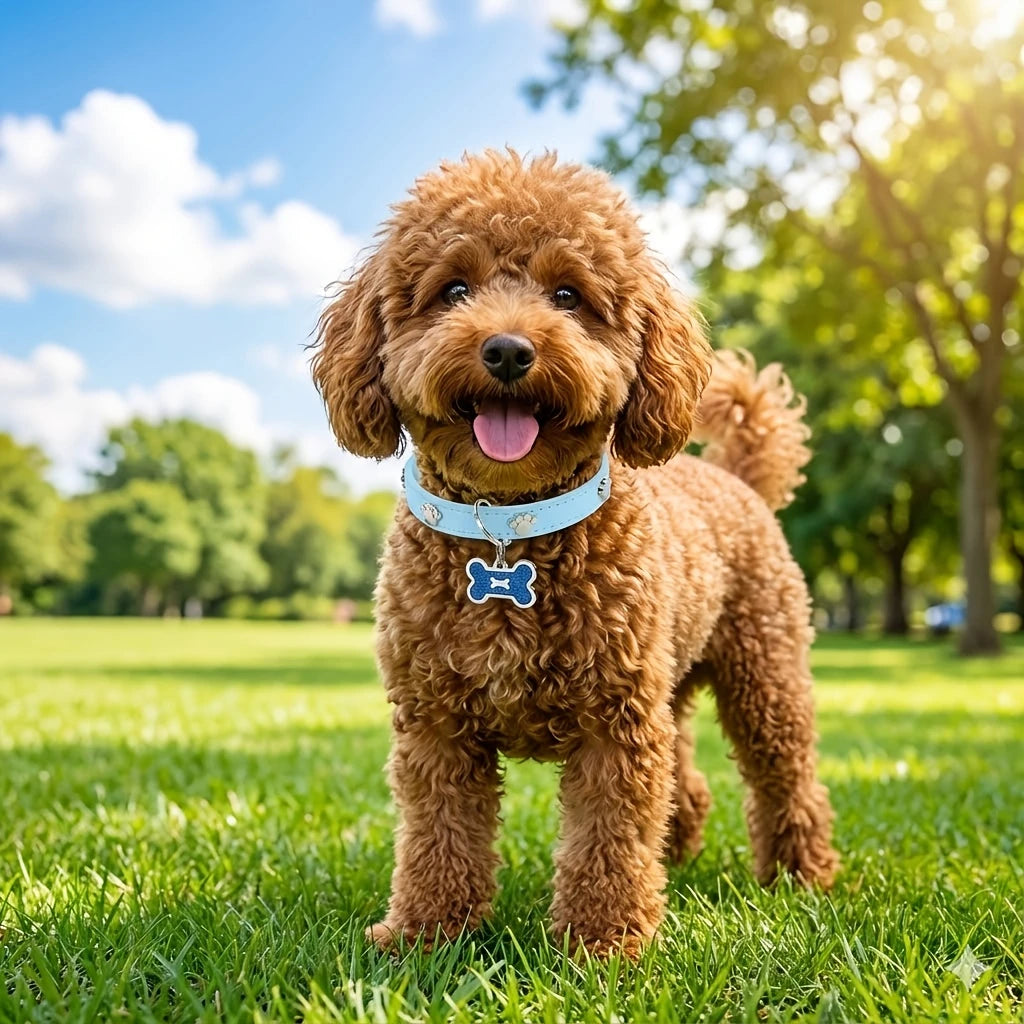 A fluffy brown dog wearing a personalized pet collar with a bone tag standing in a sunny grassy park.