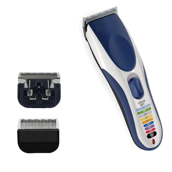 A blue and white hair clipper with replacement blades shown separately.